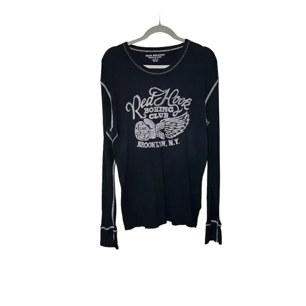 True Religion Men's 2XL Black Thermal Long Sleeve Graphic T-Shirt Boxing Theme
